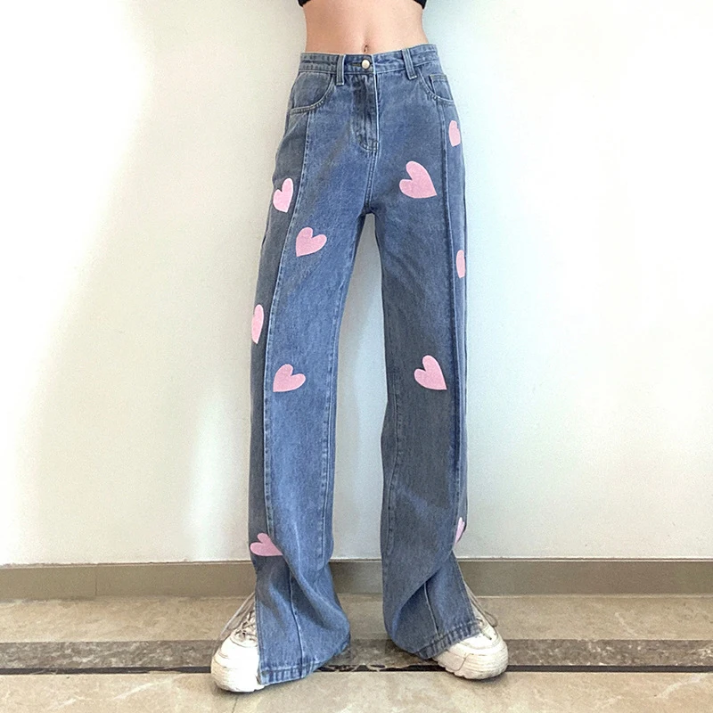 

Fashion Love Sequined Trousers Split Blue Jeans Women's 2021 Summer High Waist Casual Drape Straight Trousers Boyfriend Jeans