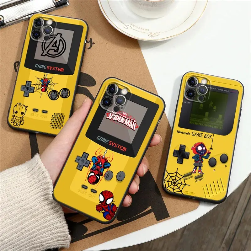 

Funny Marvel And Game-Boy Black Silicone Phone Case For iPhone 12 11 13 14 Pro Max XS XR 8 7 Plus SE Soft Cover Spider-man Funda