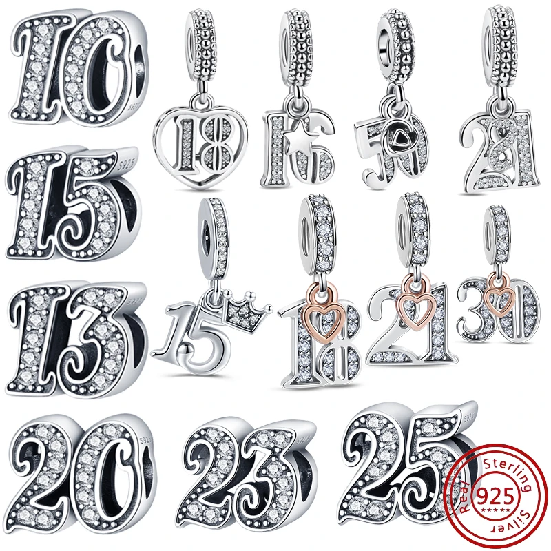 925 Silver Lucky Number 15 16 18 21 50st Celebration Heart Pendant Shiny Beads Fit Original Pandora Charms Bracelet Fine Jewelry