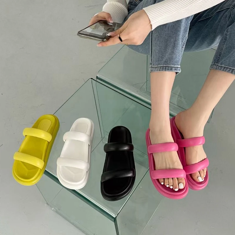 

SUOJIALUN 2022 Summer New Brand Women Slipper Fashion Candy Color Ladies Sandal Shoes Outdoor Beach Soft Slides Flip Flops Shoes