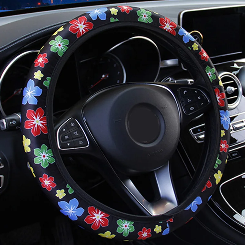 

Car Steering Wheel Cover Anti-Slip Protector Cover Car Cute Flower Printed Colorful Cover Universal Car Interior Accessories
