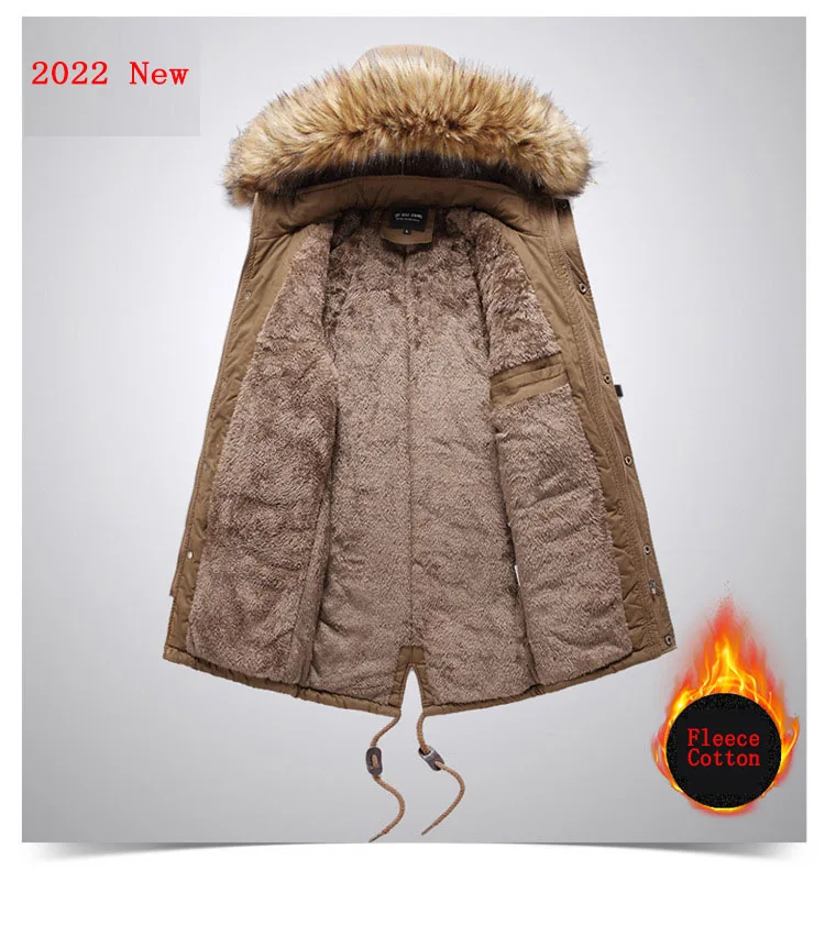 Men's Hooded Parka Jackets Winter new Thicken Fleece Windbreaker Coats Solid Male Fur Collar Outdoor Cotton Overcoat Asian Size