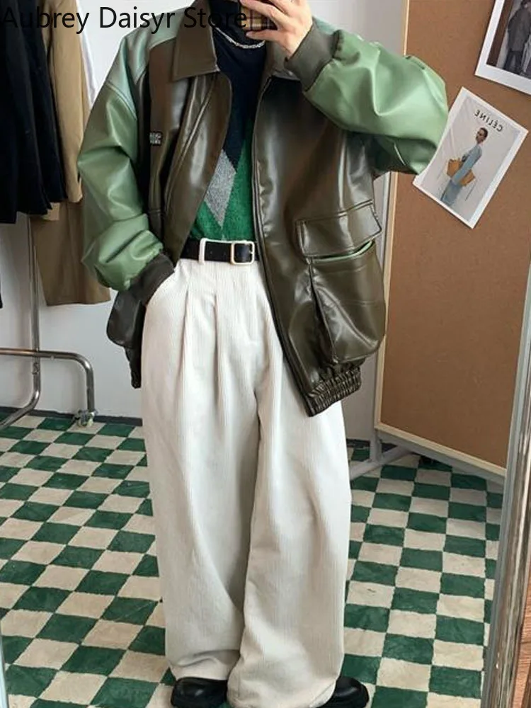 Korean Fashion Leather Jacket Women Winter Streetwear Warm Biker Zipper Jacket Vintage Chic Patchwork Loose Harajuku Coat 2022