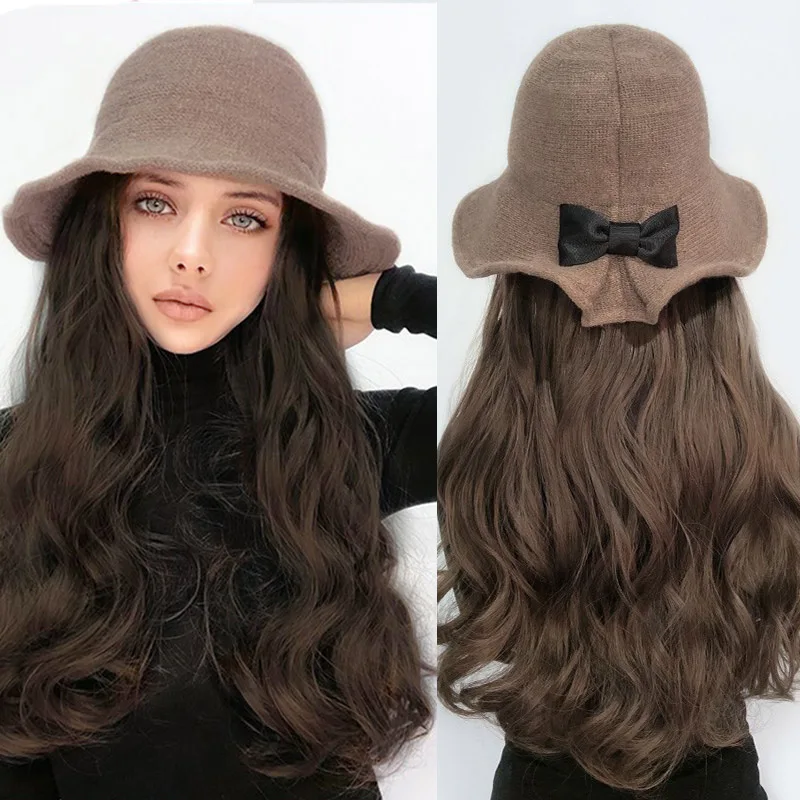 New Concubine Synthesis Wig With Hat Cap With Hair Women's Nature Long Wavy Butterfly Hat Wig Female Korean Version