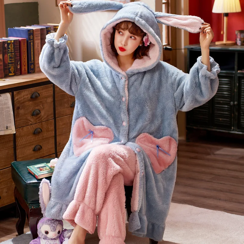 Thick Flannel Pajamas Set Winter Warm Coral Fleece Plush Nightgown Loose Cartoon Rabbit Animal Nightgown Suit Women's Sleepwear