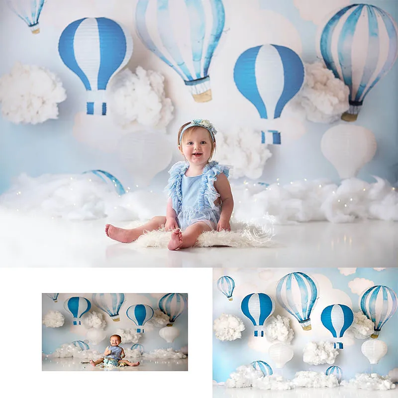

Photography Background Hot Air Balloon Blue Sky and White Clouds Baptism My First Communion Decor Backdrop Photo Studio