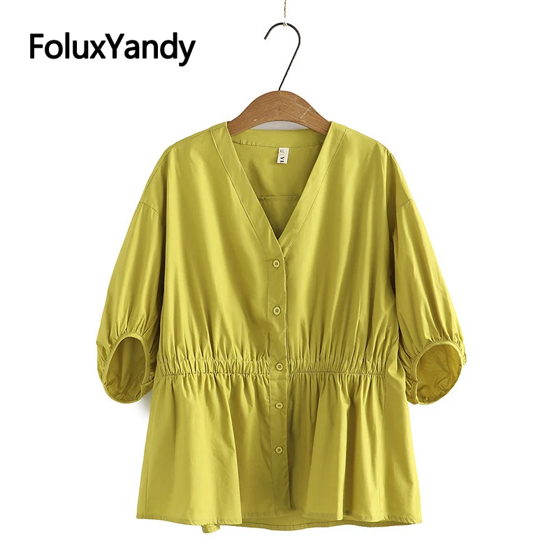 

Short Lantern Sleeve Women Blouse 3XL 4XL Plus Size Shirts V Neck Elastic Waist Loose Summer Blouse KKFY6144