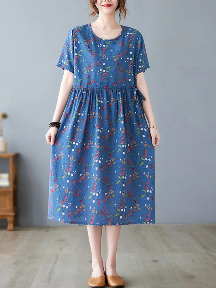 

Женское платье с коротким рукавом Anteef, винтажное платье из хлопка и льна с цветочным принтом, повседневное Свободное длинное летнее платье, ...