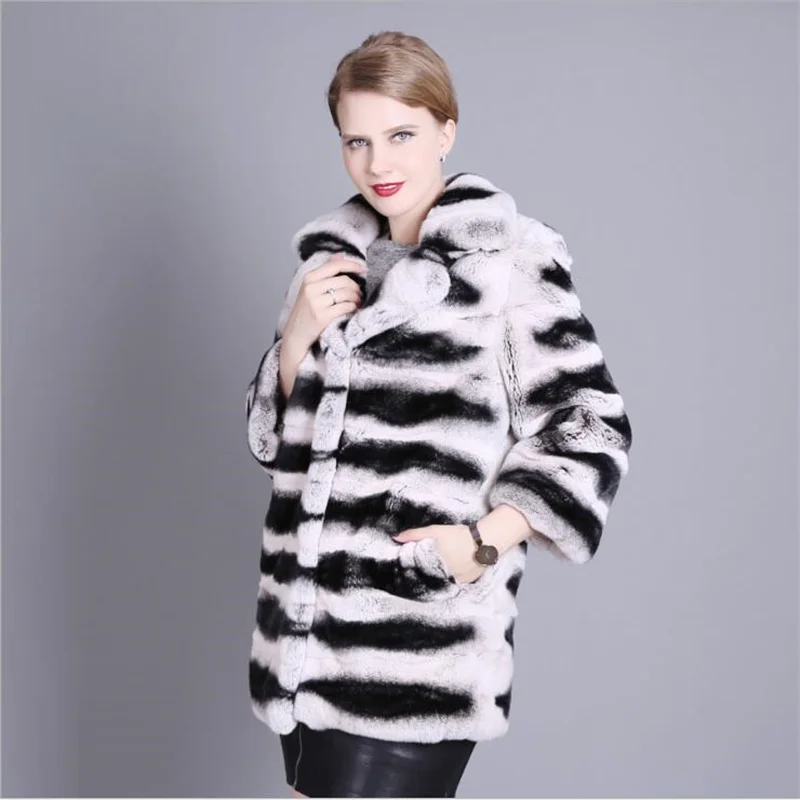 Natural Rex Rabbit Fur Coat Suit Collar 70cm Medium Long Fur Coat for Women Chinchilla Color Real Fur Winter Jacket