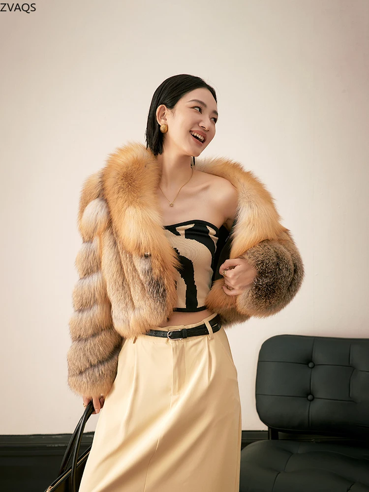 ZVAQS Пальто из натурального золотой лисы Женская модная короткая меховая куртка