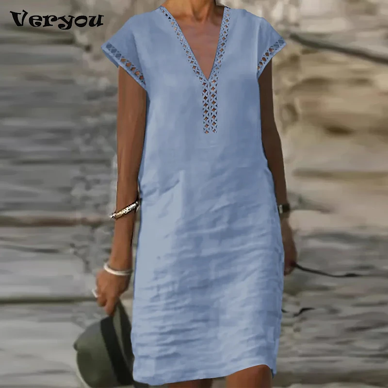 New Sexy Summer Dress Women V Neck Patchwork Short Sleeve Casual Holiday Dresses For Women Loose Beach Mini Dress 2023