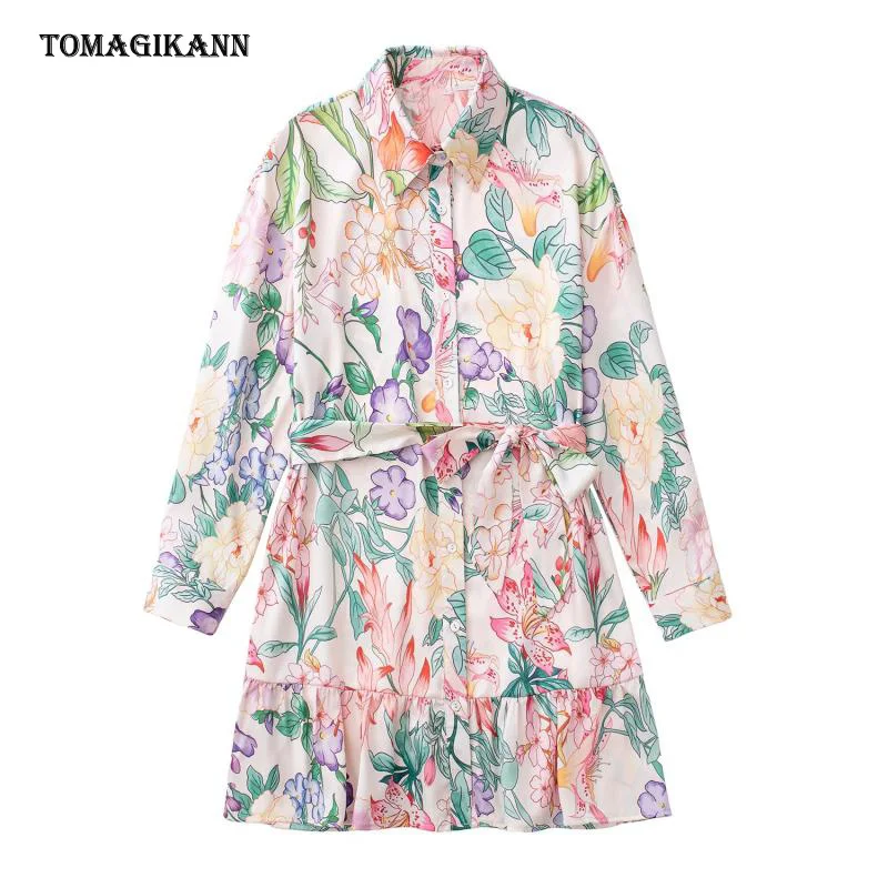 

Summer Floral Printed Mini Dresses for Women Elegant Full Sleeve Lace Up Shirt Dress Female 2022 Lady Vocation Clothes