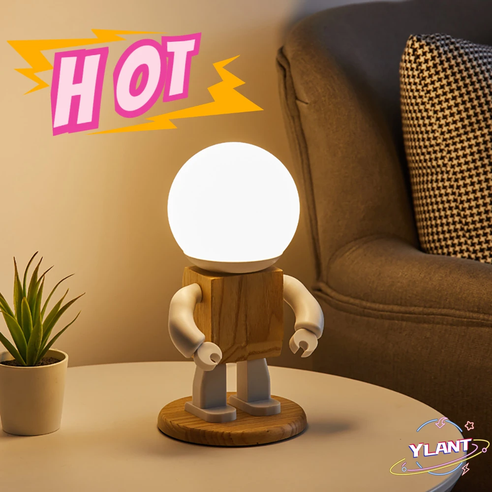 

Cute Robot Table Light Nordic Modern White Wood Table Lamp LED Kids Baby Girl Boy Children Bedroom Bedside Mini Night Lights