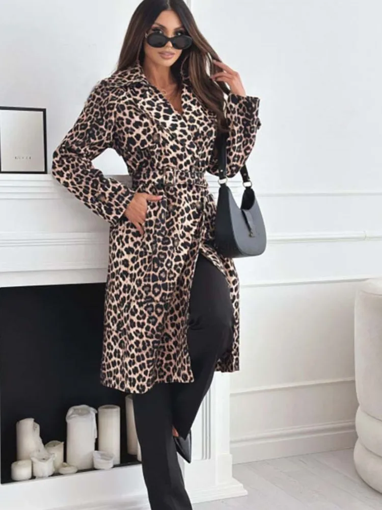 Модная ветровка с леопардовым принтом для женщин осень-зима двубортный пояс