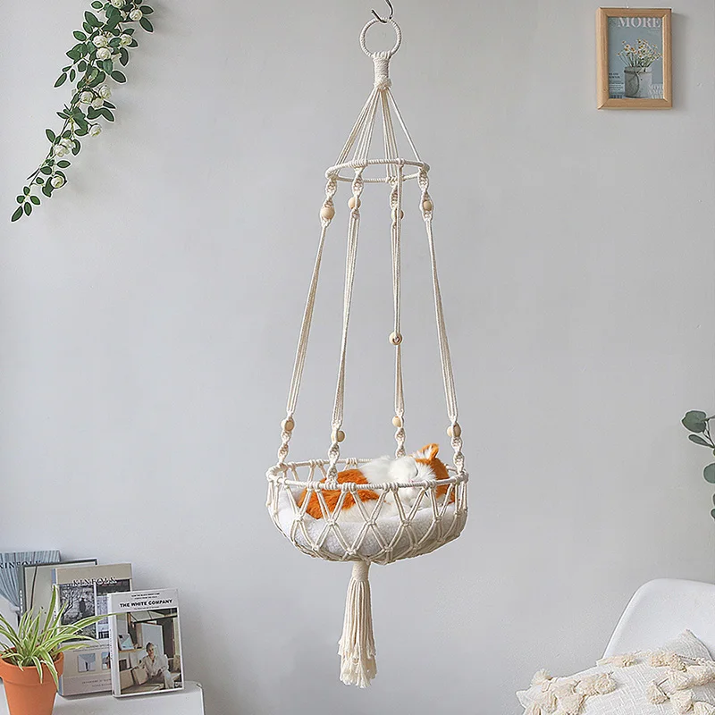 

Cat Hanging Basket Cotton Hand-Woven Kitten Hammock Macrame Swing Bed Cat Nest Thread Toy Pet Bed House for Cats Pet Accessories