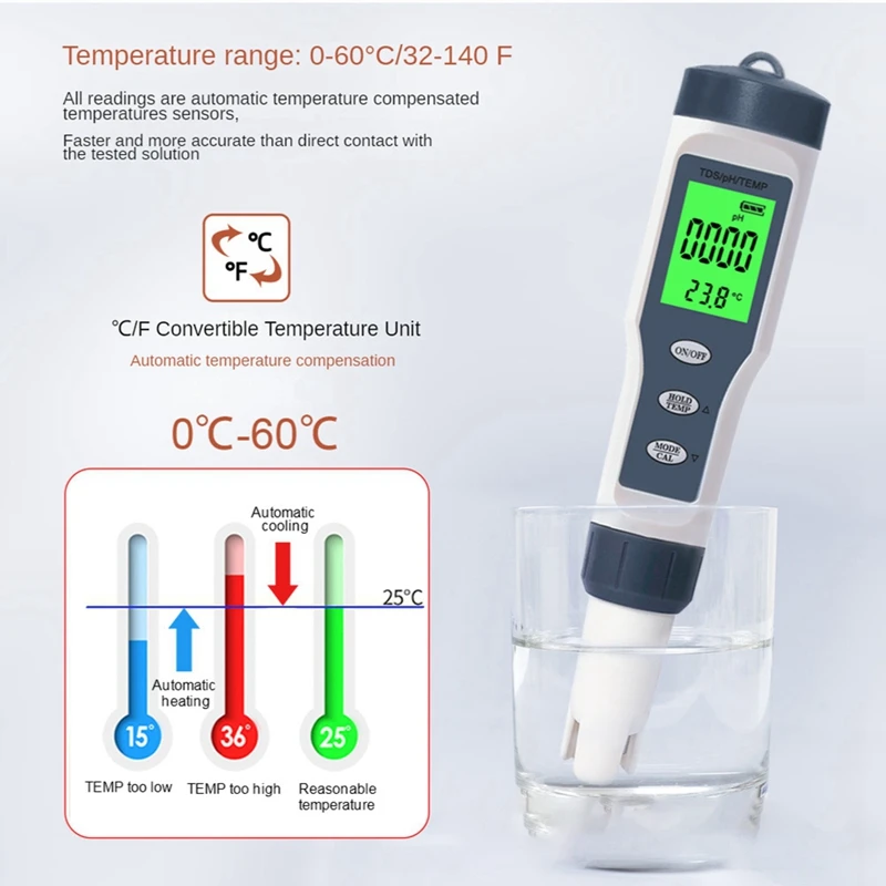 TDS / PH TEMP Тестовая ручка три в одном Ph Pen Ручка для тестирования качества воды