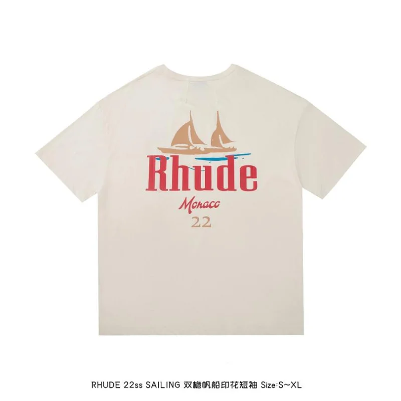 

New Fasion Double Masted Sailboat Print Rhude T Shirt Men Women EU Size 100% Cotton Goth Rhude Top Tees