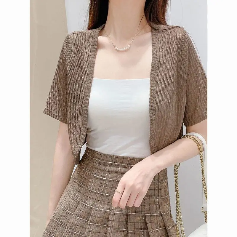 Кардиган с газовым каркасом для женщин завязка коротким рукавом открытым одежда