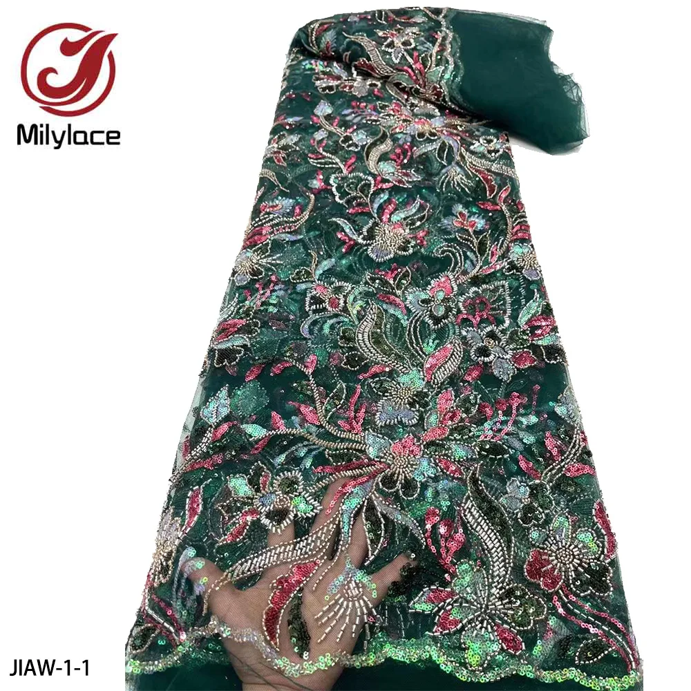 

Luxury Handmade Beaded Lace Fabric African Sequins Tulle Lace Fabrics for Bridal Material Lace for Wedding JIAW-1