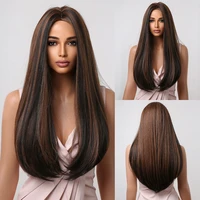 highlight straight synthetic hair wigs golden brown dark brown long women wigs heat resistant fiber cosplay wig daily use