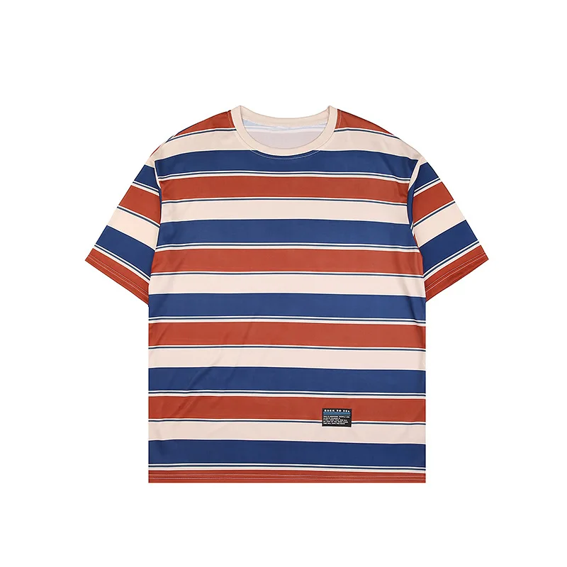 

Summer Hot Sale New Fashion Contrast Striped T-Shirt Men Casual Joker Short Sleeve Top American Vintage Style Unisex Clothes