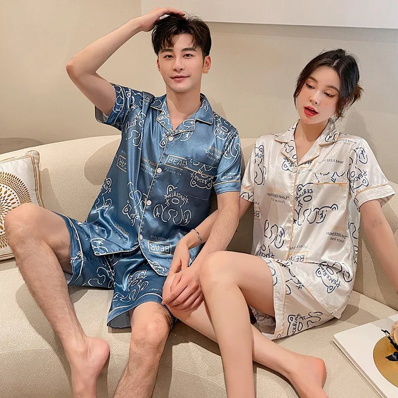 Couple pajama women's summer ice silk short sleeve shorts imitation silk two-piece men's suit homewear