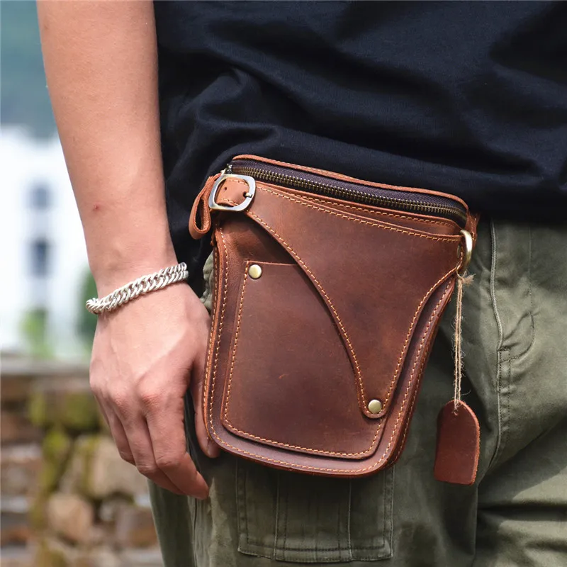 Vintage natural organizer genuine leather men's belt bag casual crazy horse cowhide motorcycle waist pack high quality phone bag