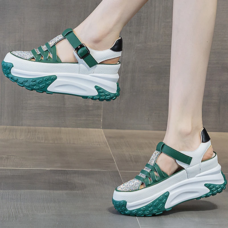 Rhinestones Deco Genuine Leather Comfy Hollow Sandals Breathable Shoe Chunky Sneakers Spring Summer Platform Wedge Women Shoes