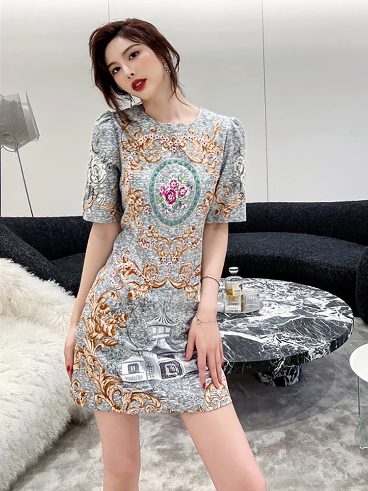 

Delocah High Quality Summer Women Fashion Designer Party Mini Dress Short Sleeve Crystal Sequined Vintage Print Dresses Vestidos