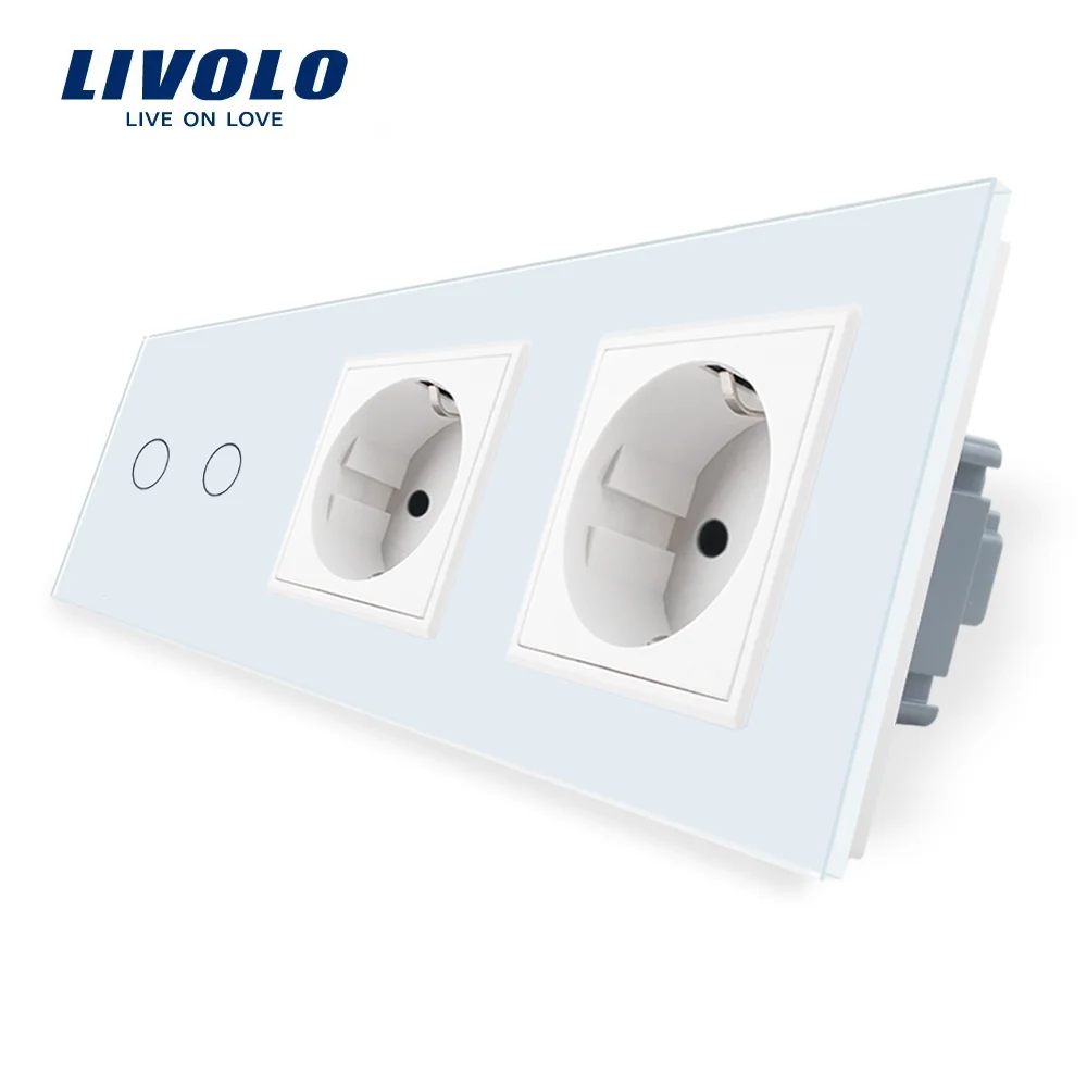 

Стандартная розетка Livolo EU, настенный выключатель, белое хрустальное стекло, 2-местные настенные розетки с сенсорным выключателем C702/C7C2EU-11 для умного дома