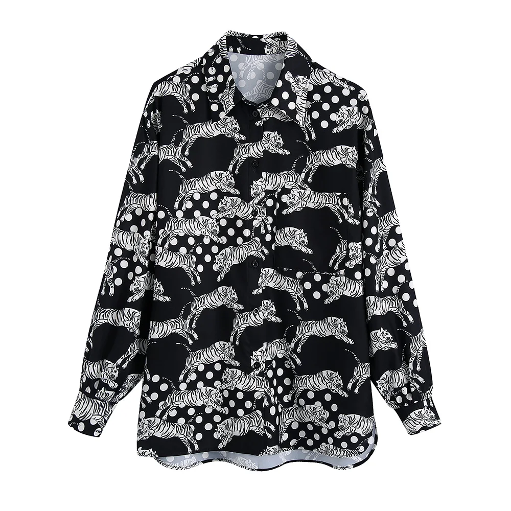 

2022 Fashion Women Clothing Black Vintage Tiger Print Shirt Top Turn Down Collar Long Sleeve Button Up Loose Ladies Shirts Tops