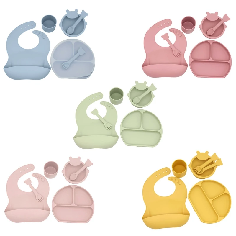 

Baby Silicone Bib Divided Dinner Plate Suction Bowl Spoon Fork Water Cup Set Training Feeding Food Utensil Dishes Tableware