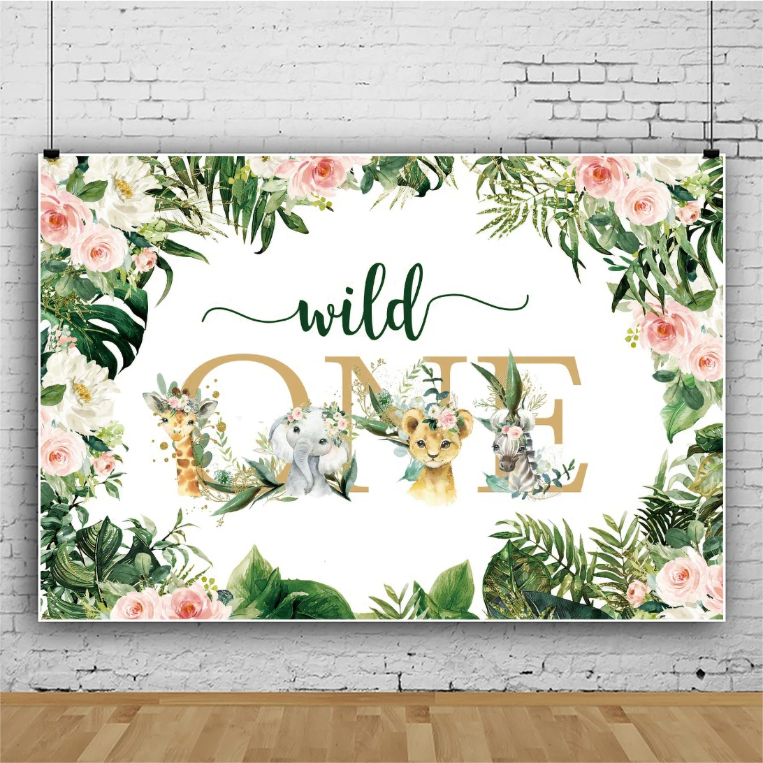 

Wild One Birthday Backdrop Party Table Decor Tropical Leaves Floral Flowers Jungle Theme Background Photography Cake Smash
