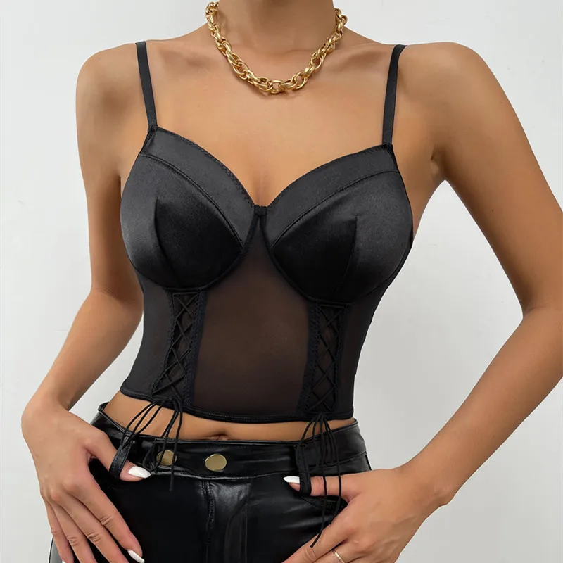 

Women's corset Solid Color Stitching Sexy Perspective Mesh Lace-Up European and American Small Vest Summer Backless Vest tops