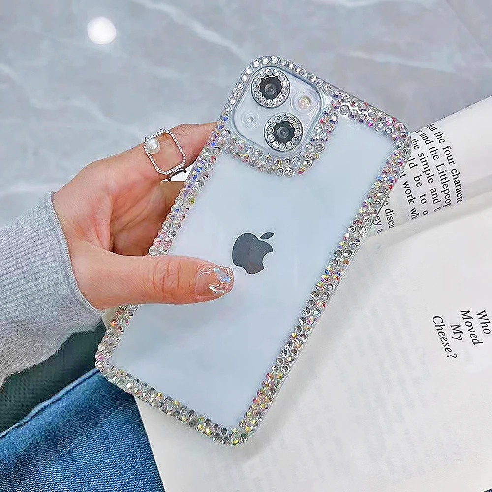 

Luxury 3D Rhinestone Frame Transparent Phone Case For iPhone 14 13 11 12 Pro Max X XR XS 7 8 Plus Acrylic Diamond Crystal Cover