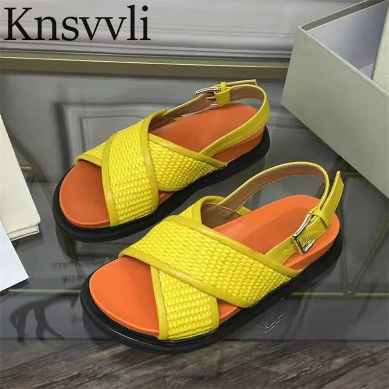 

Summer Buckle Strap Flat Sandals Women Weave Style Back Strap Round Toe Mules Shoes Woman Casual Walk Gladiator Sandals Ladies