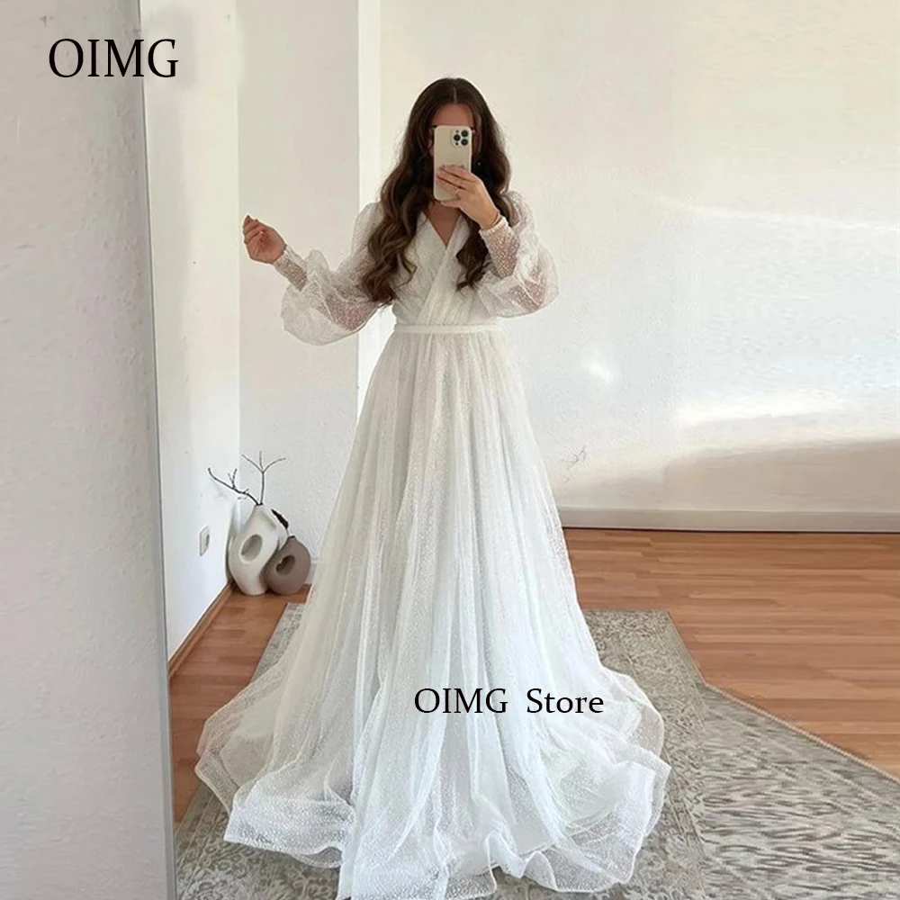 

Glitter White Puff Long Sleeves Evening Dresses Modest V Neck Floor Length Champagne Prom Evening Gowns Bride Formal Dress