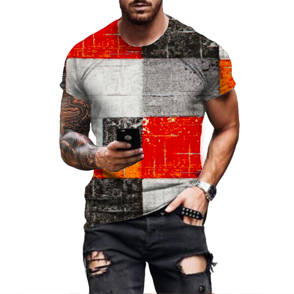 

Men's Short Sleeve T-Shirt Summer Oversized Retro Fashion O Neck Short Sleeve 3D Print Colorful Plaid Versatile Shirt