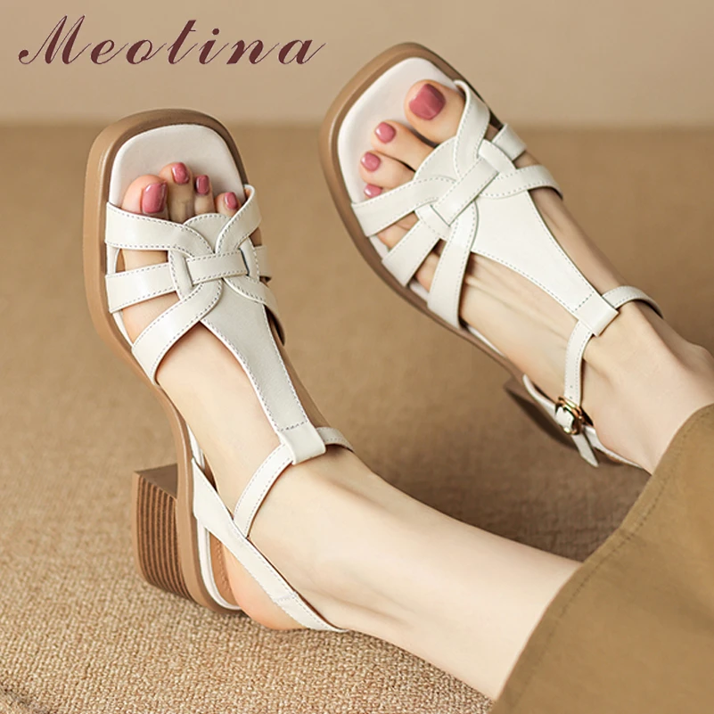 

Meotina Women Genuine Leather Sandals Square Toe Platform Block Mid Heels Buckle T-Tied Narrow Band Lady Fashion Shoes Summer 40