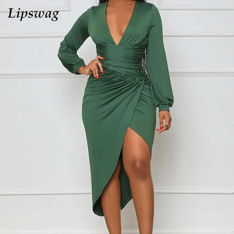 

Autumn 2023 Elegant V High Waist Irregular Dress Women Fashion Long Sleeve Draped Slim Dress Lady Casual Commute Pullover Dress