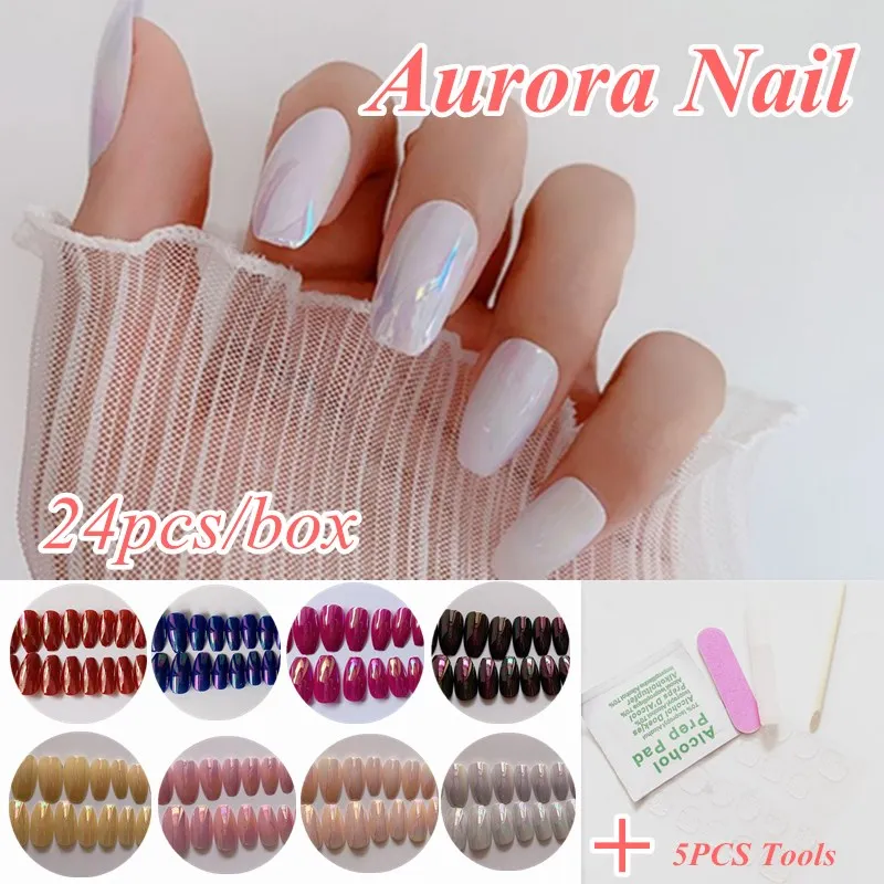 

24Pcs/Box Magic Mirror Detachable Dancing Party Woman Waterproof Elliptic Aurora Fake Nails