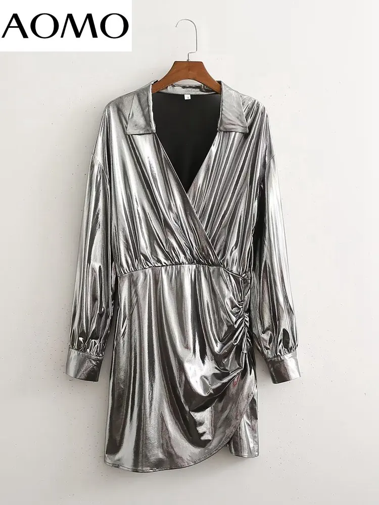 

AOMO Women Silver Pleated Party Dress Long Sleeve Female Short Dresses 1D90A