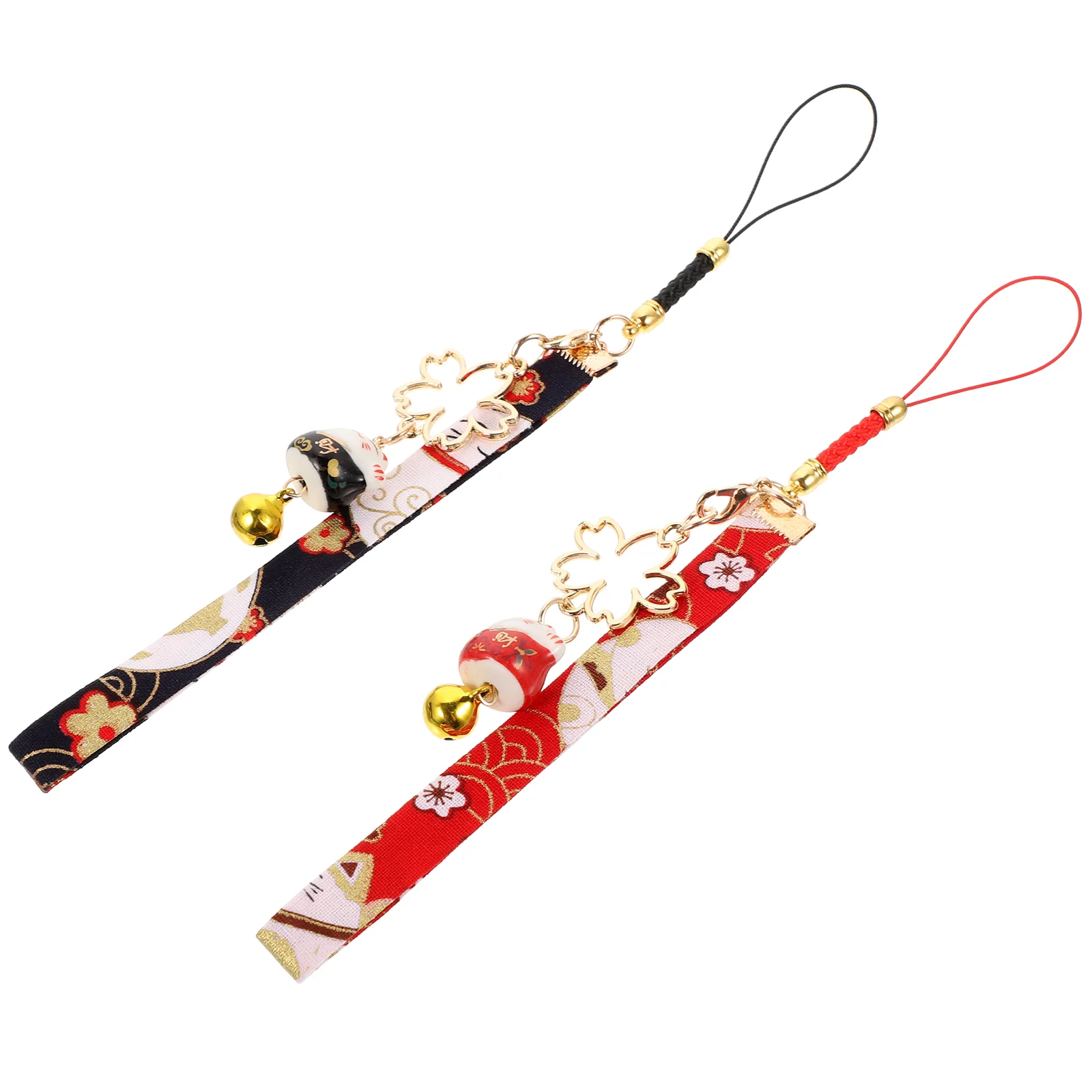 

2 Pcs Mobile Phone Hanging Fortune Cat Pendant Car Keychain Cell Lanyard Strap Ceramics Bell Straps