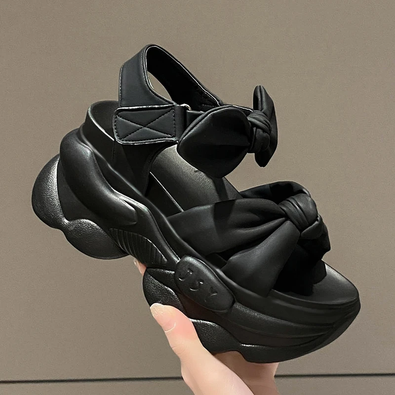 Summer High Platform Women Sandals 9CM Wedge Heels Bowknot Slipper Fashion 2023 Outside Chunky Sandals Beach Casual Slides Woman