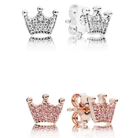 authentic 925 sterling silver sparkling enchanted crown with crystal stud earrings for women wedding gift pandora jewelry