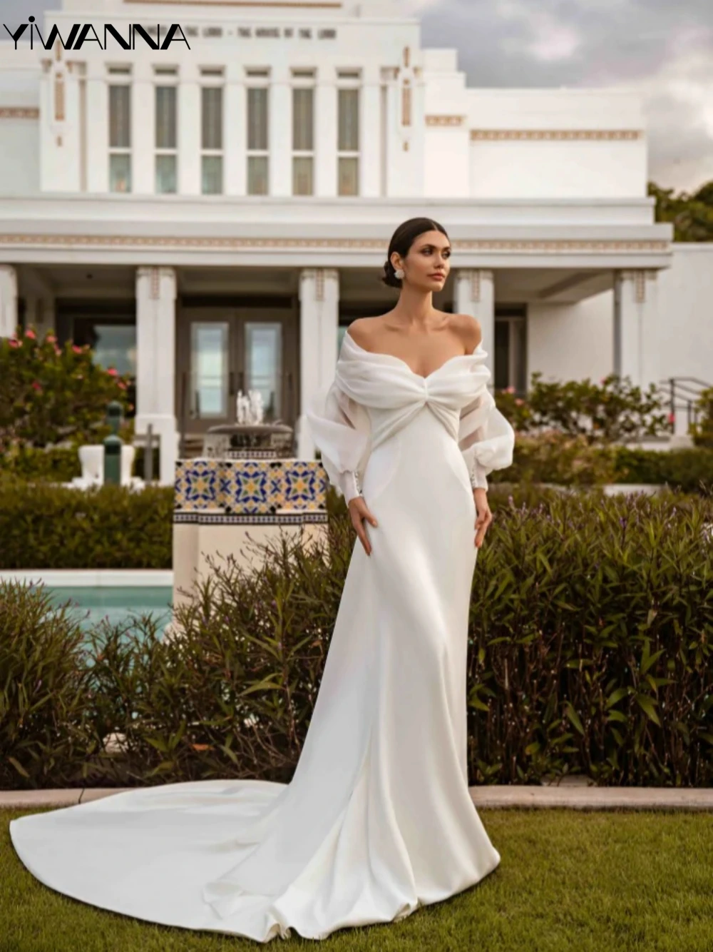 

Элегантное свадебное платье с открытыми плечами, классическое атласное платье невесты, простое белое прямое длинное свадебное платье, платье невесты