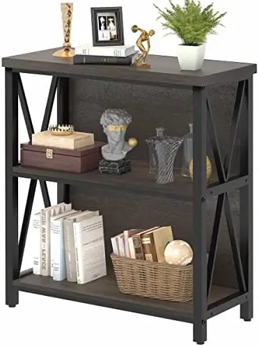 

Short 2 Shelf Bookshelf, Industrial Low Wood Bookcase, Farmhouse Small Book Case for Small Space (Walnut Brown)