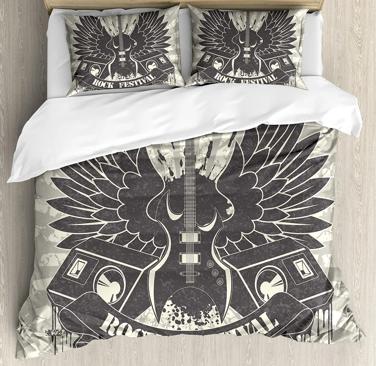 

Rock Music Bedding Set For Bedroom Bed Home Striped Background Instrument Wings Speakers Duvet Cover Quilt Cover And Pillowcase