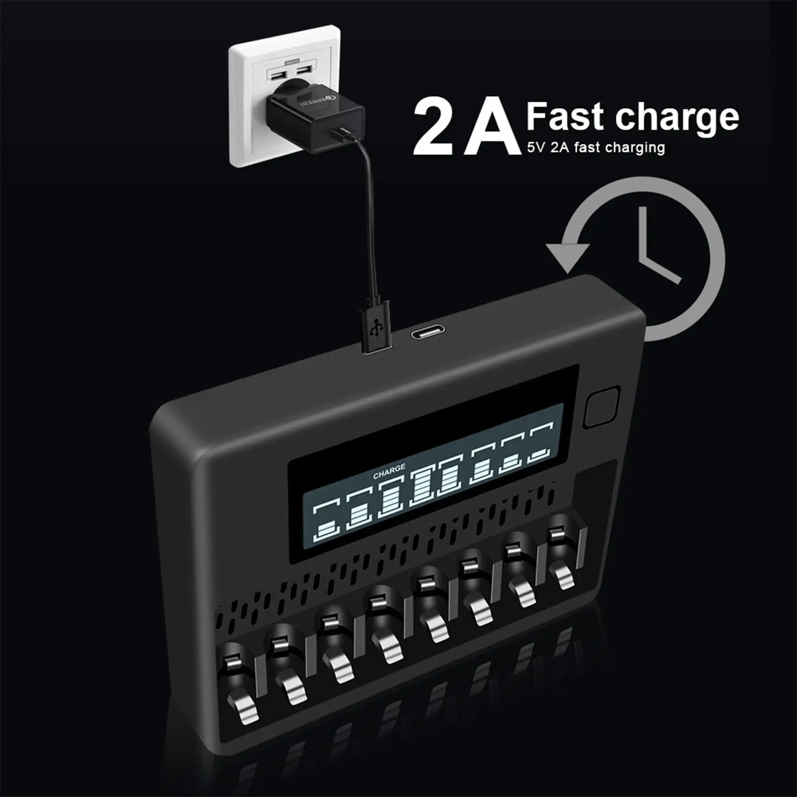 

Household 8 Slot Smart Battery Charger W/ Micro USB Type C LCD Display USB Charging Individual Bays Universal for AA AAA NI MH