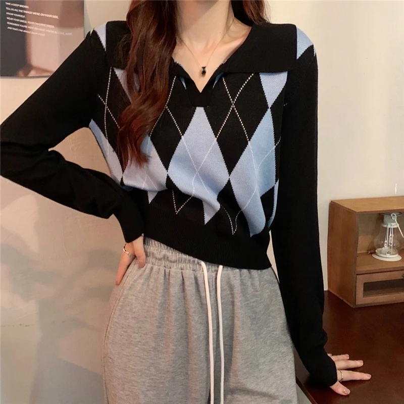 

Women Sweaters Korean Fashion Knitted Pullover Autumn Winter New Plaid Long Sleeve Top Loose Collar Sweater Women Pull Femme